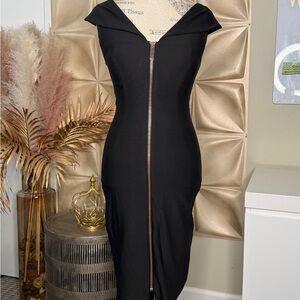 Ted Baker Black Bodycon Midi Dress Front Zip Off Shoulder Size 1